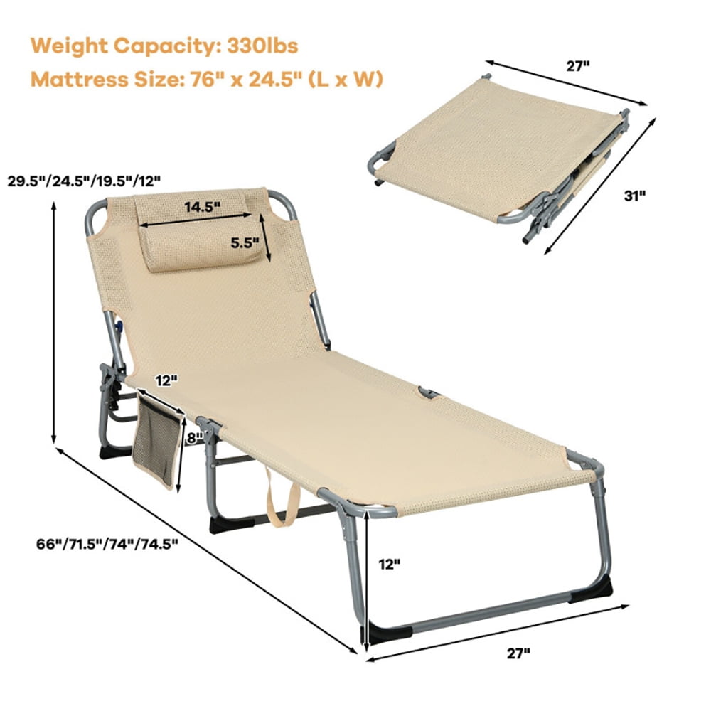 Aimee Lii 4-Fold Oversize Padded Folding Lounge Chair with Removable Soft Mattress, Patio Loungers, Beige