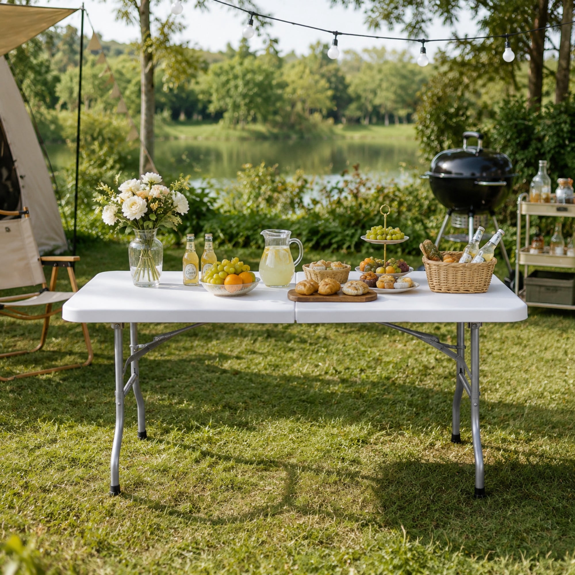 BSHTI 6ft Plastic Folding Table with HDPE Top, Carry Handle, Steel Legs for Parties，Camping，Dining（White）