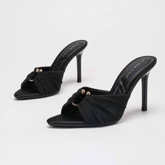 On feet & in love Women's Satin Pointed Toe Stiletto Mules - Ruched Slip-On Dress Heels with Gold-Tone Hardware