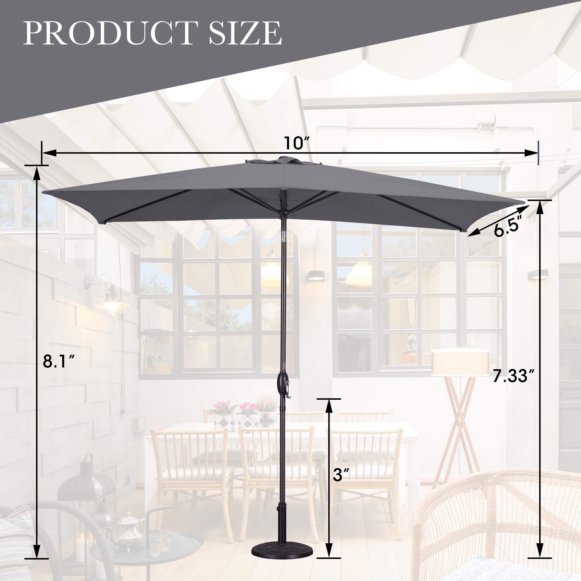 May in Color Patio Umbrella, 6.5' x 10' Rectangular Aluminum Pole Outdoor Patio Umbrella, Yard Umbrella with Crank and Push Button Tilt, 6 Steel Ribs, Polyester Canopy, Grey