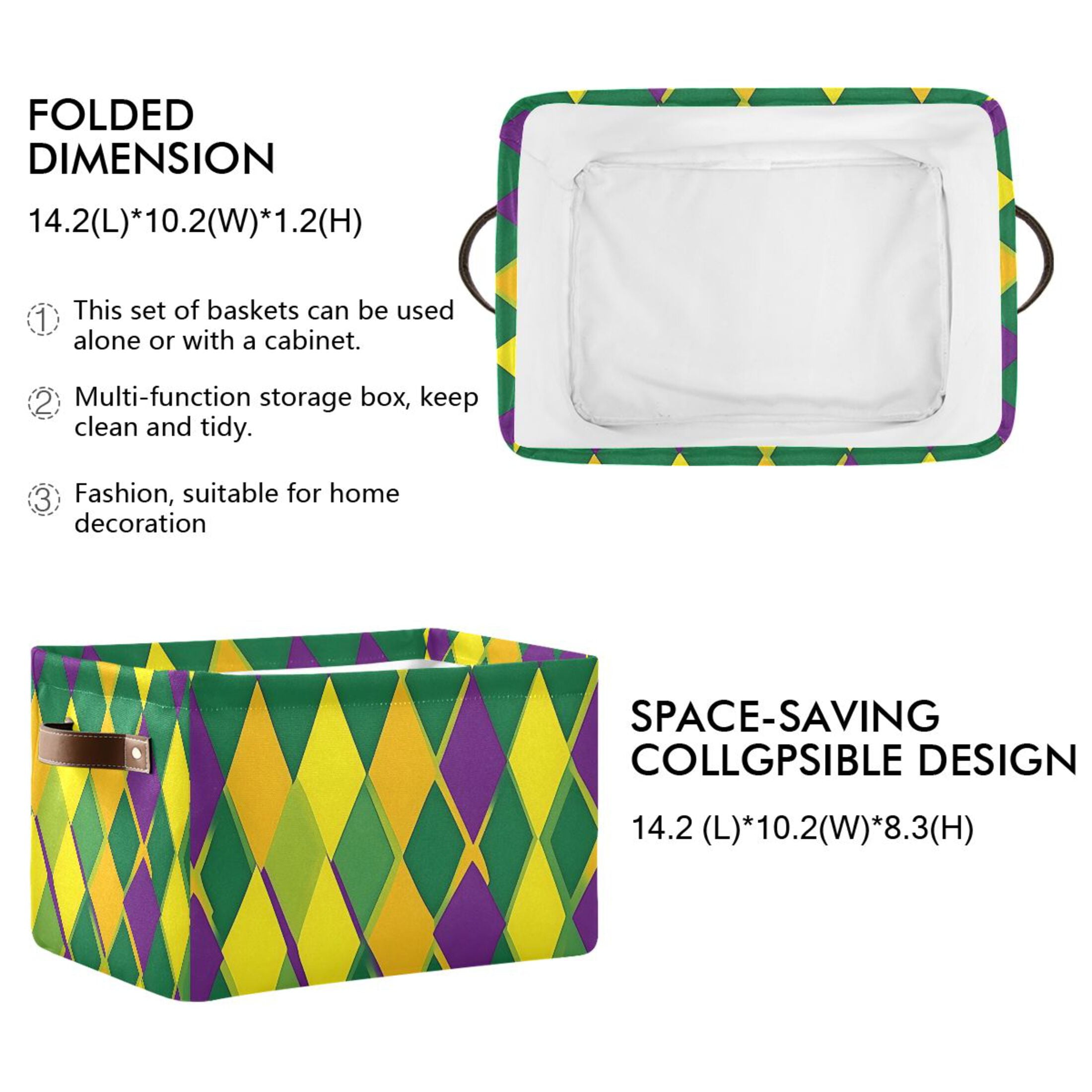 Ryvnso Mardi Gras Checkered Storage Basket Large Bin Foldable Boxes Toys Organizer 14.2x10.2x8.3in 2 PCs