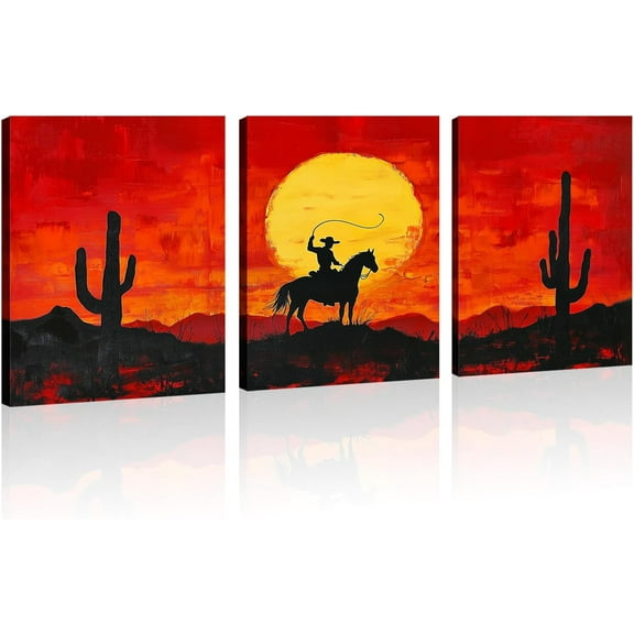 Western Wall Decor Canvas Wall Art 3 Piece Cowboy Picture Desert Cactus Sunset Painting Red Prints Southwest Artwork for Living Room Home Office Decor d(Art-2,11.00"x14.00"x3P)