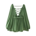 thumbnail image 4 of UTSJKR Sexy Dresses for Women Party Clubwear Long Sleeve Deep V Neck Lace Up Dress Dressy Pleated Flowy Short Mini Dress Green M, 4 of 9