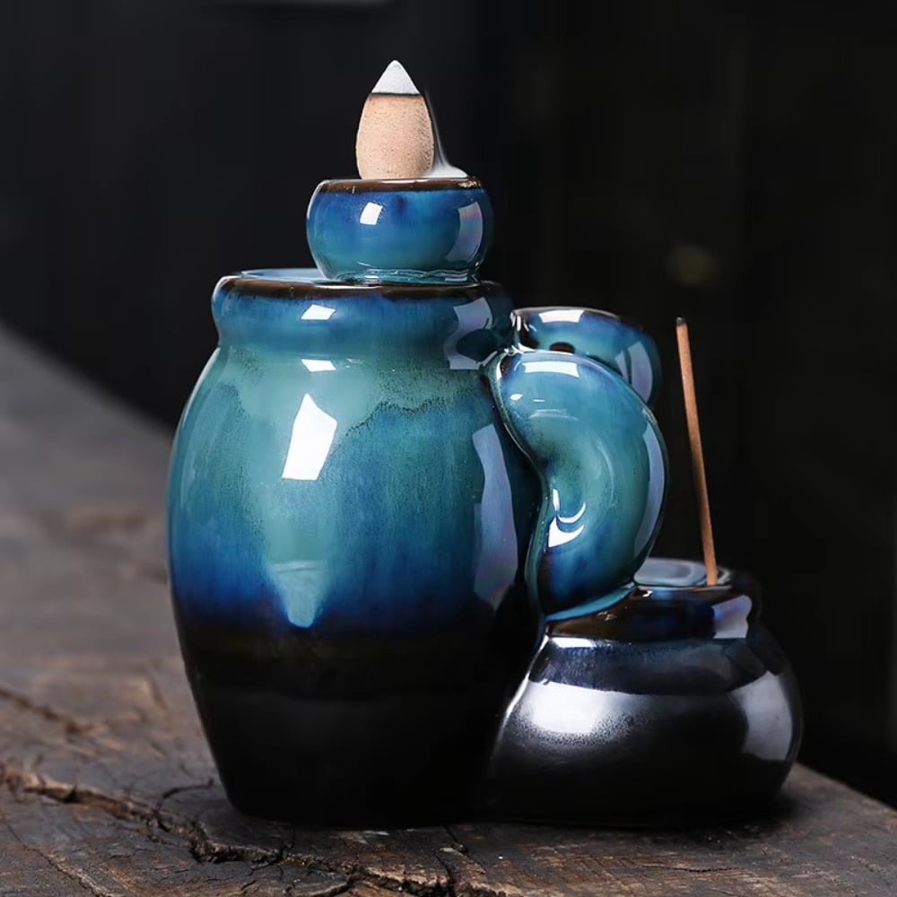 1pc Wine Jar Type Ceramic Blue Waterfall Backflow Incense Burner, Incense Stick Holder, Home Ornament (Without Incense)
