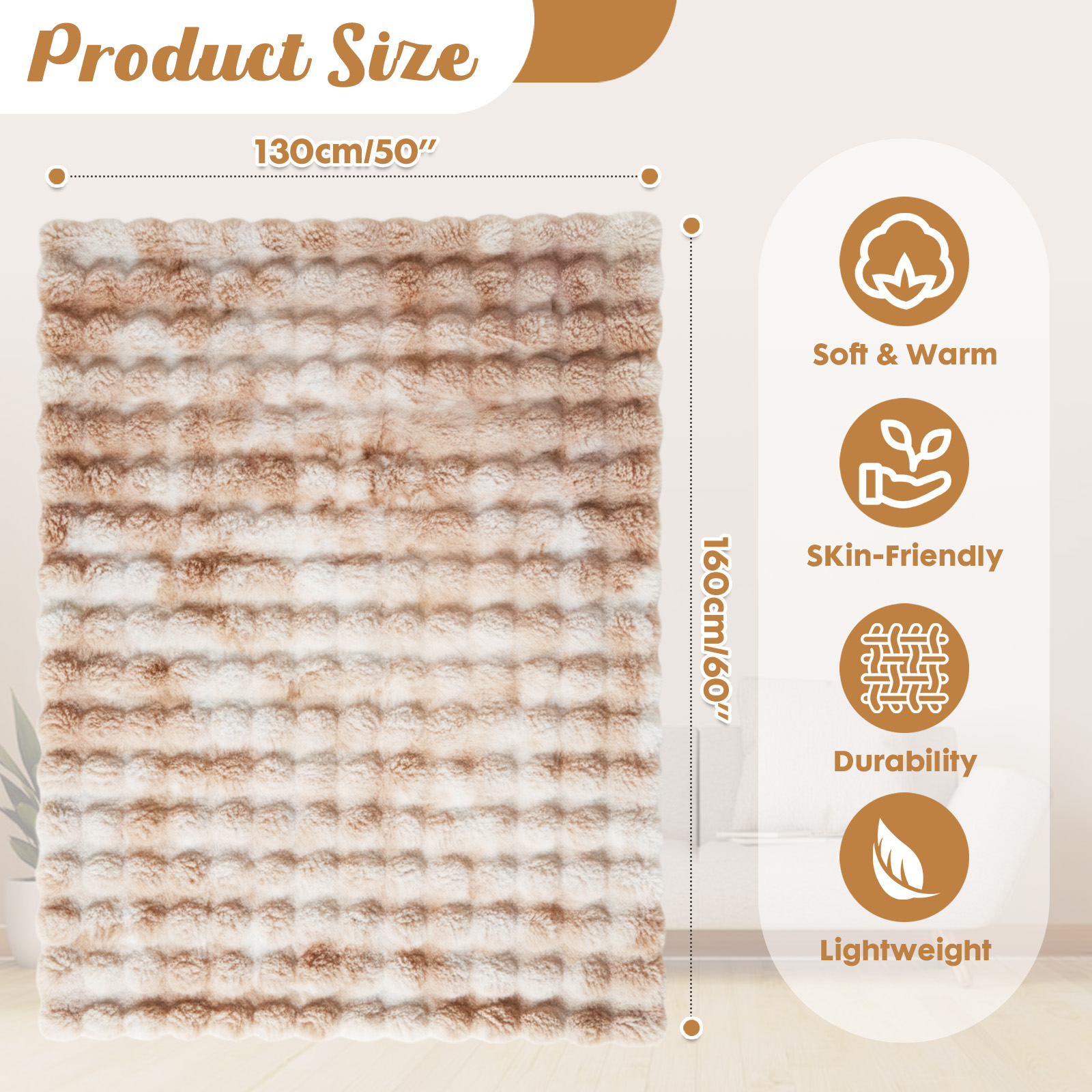 ShellKingdom Faux Fur Throw Blanket, Soft Plush Fluffy Thick Bubble Blanket for Couch Sofa Bedroom Living Room, 50" x 60", Tie Dye Camel