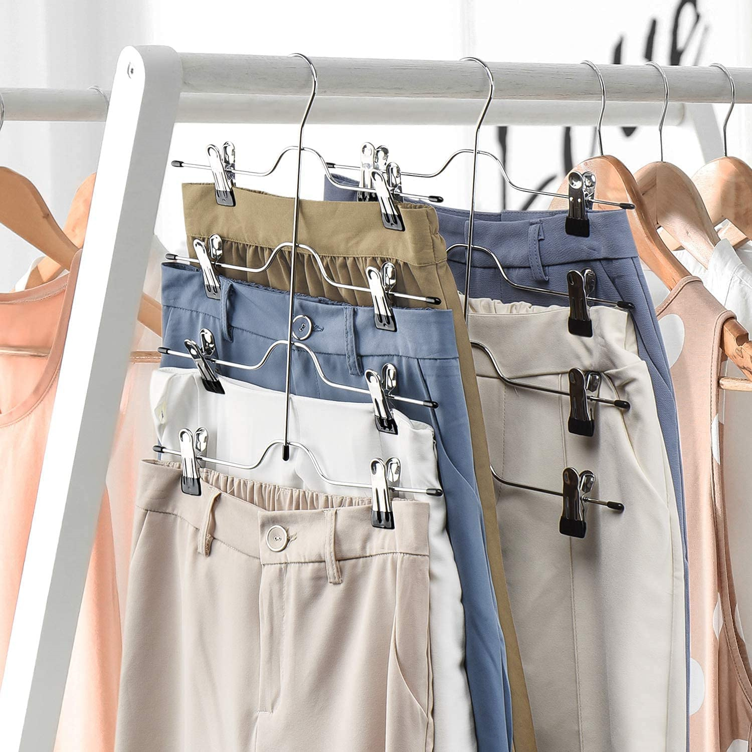 Casewin Space Saving 5 Tier Metal Skirt Hanger with Clips(2pk) Hang 5-on-1, Gain 70% More Space,Rubber Coated Hanger Clips,360 Swivel Hook,Adjustable Clips Pants Hanger,Hang Slack,Trouser,Jeans,Towels