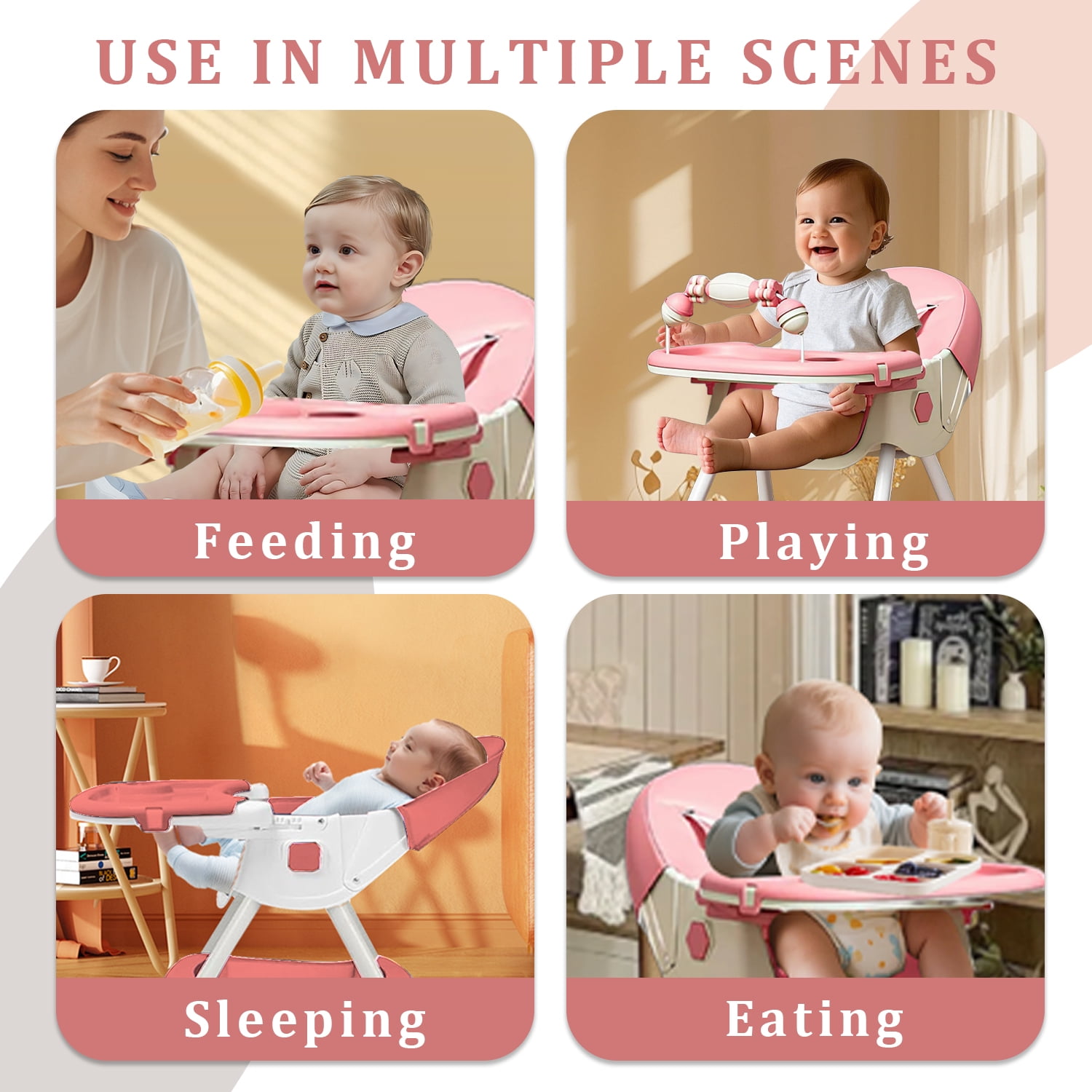 JieC Portable Baby High Chair for Infants & Toddlers with 5 Point Harness,Foldable Dining Feeding Chair with Double Dining Plate & Toy Rack,Pink