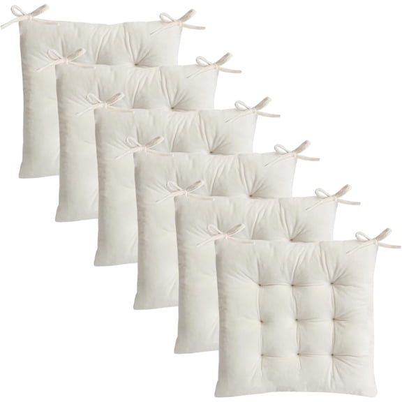 6 Pack Square Seat Cushion Chair Pads for Kitchen Dining Chairs, Soft Comfort Velvet Chair Mat Pillow Cushions with Ties for Office Desk Living Room Tatami 15.5", Ivory