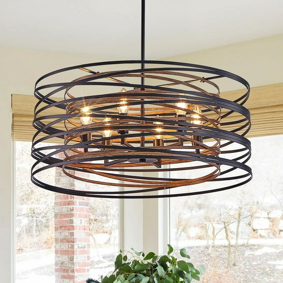 Farmhouse Drum Chandelier 6-Light Pendant Light, Black and Wood Finish, Adjustable Height for Dining Room, Kitchen Island, Foyer