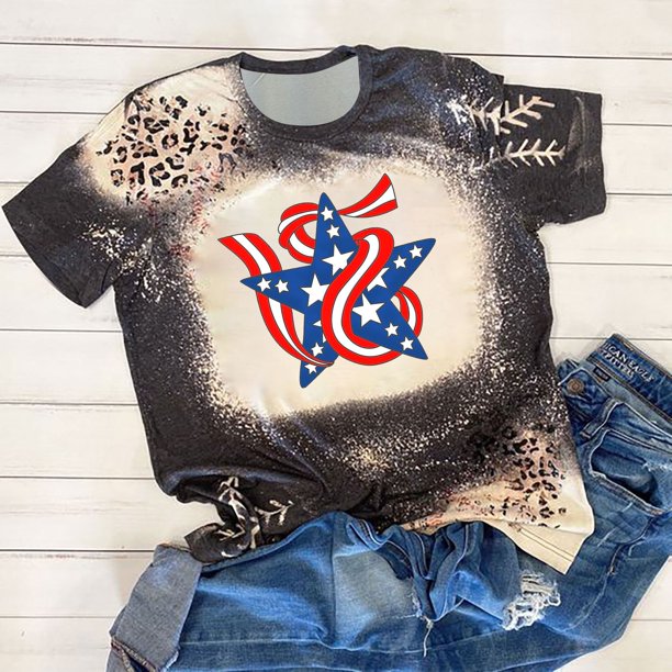 Fiudx Liquidación de Ofertas Flash Camiseta Informal de Manga Corta con Cuello Redondo y Estampado de Independencia a La Moda para Mujer