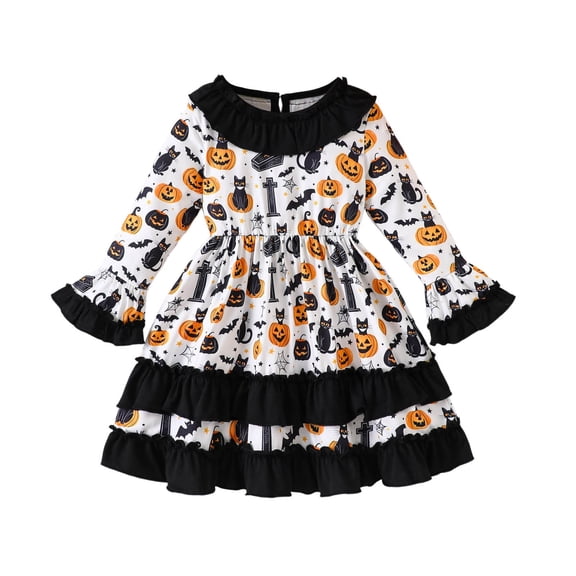 Vividxx Girls Halloween Dress With Lace Floral Print Pumpkin Cat Bat Design Flared Dress For Toddler Kids Casual Party Outfits Sets O-Neck Comfort Dailywear