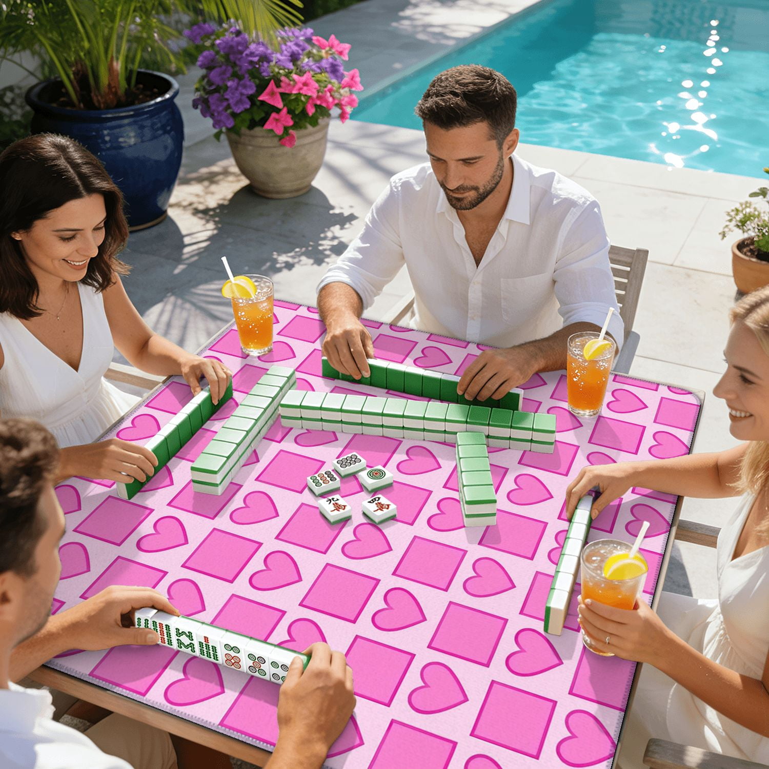 Mahjong Mat 31.5" x 31.5" Pink Heart Square Light Non-Slip Noise Reduction American Mahjong Tiles Table Cover for Dominoes Poker Card Board Games Gift