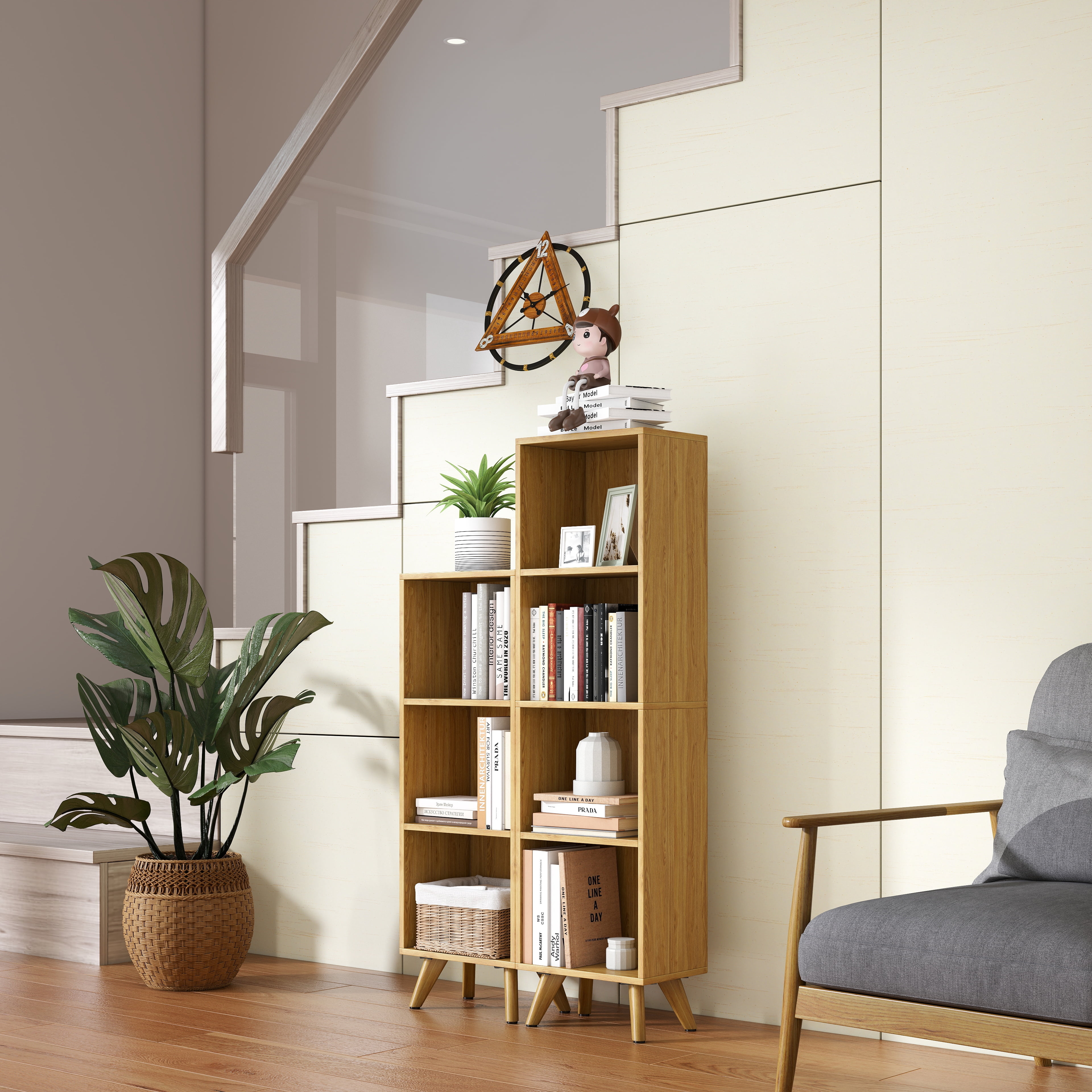 Manxile 4 Cube Vertical Storage Organizer, Natural Wood Bookshelf for Living Room, Bedroom, Study Room