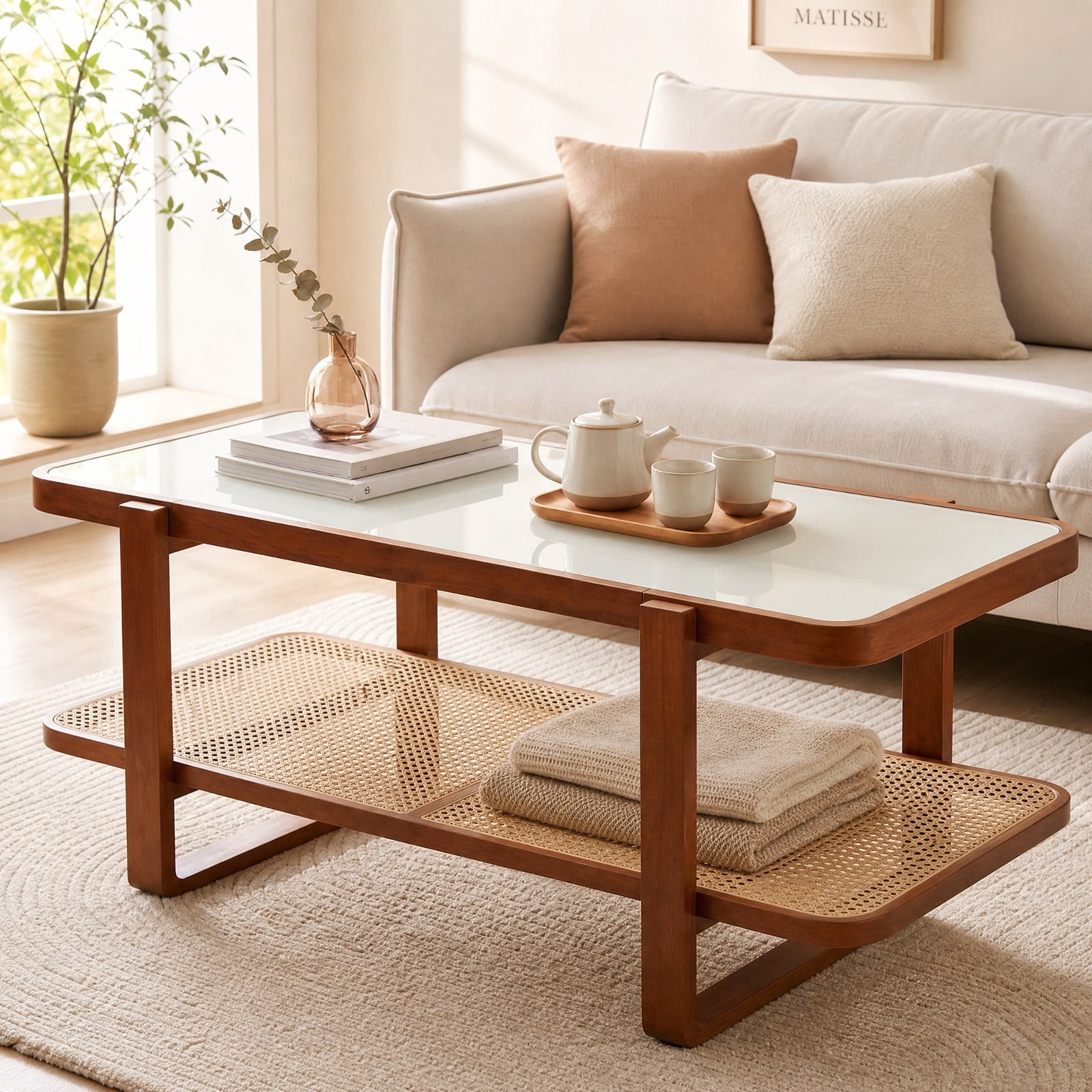 Furnibear Rattan Coffee Table with Frosted Tempered Glass Top and Storage Shelf for Living Room 2 Tier Center Table, Walnut