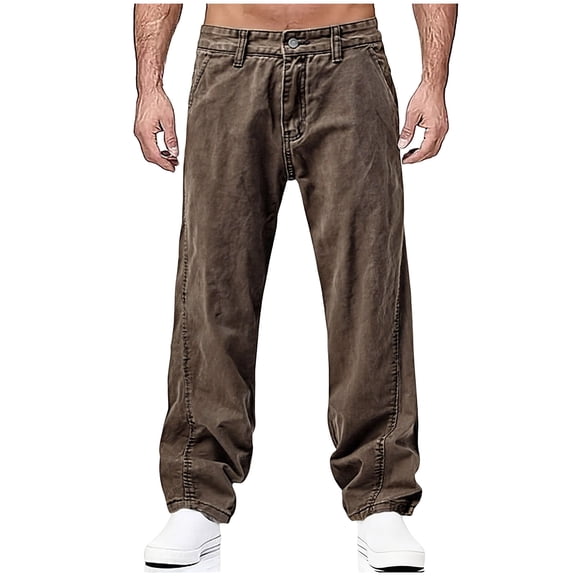 BRGZLK Baggy Jeans for Men Solid Color Fashion Washed Long Pants Relaxed Fit Straight Leg Stretch Jeans Coffee XL