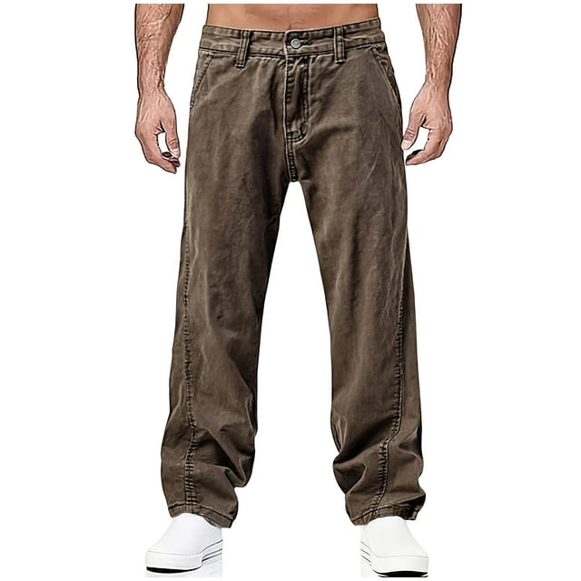 Ceisia Men's Trendy Solid Color Gift Button Zipper Straight Leg Casual Pants with Elastic Waist and Pockets