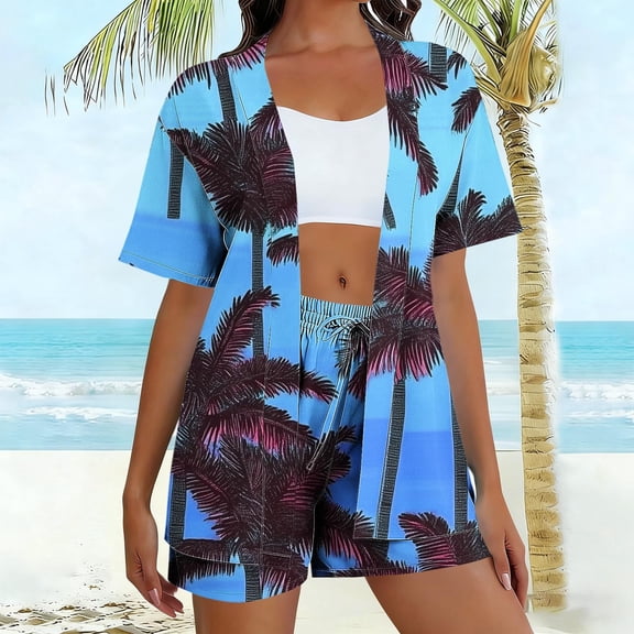 Roncen Women's 2 Piece Hawaiian Vacation Outfits Tropical Print Short Sleeve Shirts and Shorts Beach Sets Resort Wear