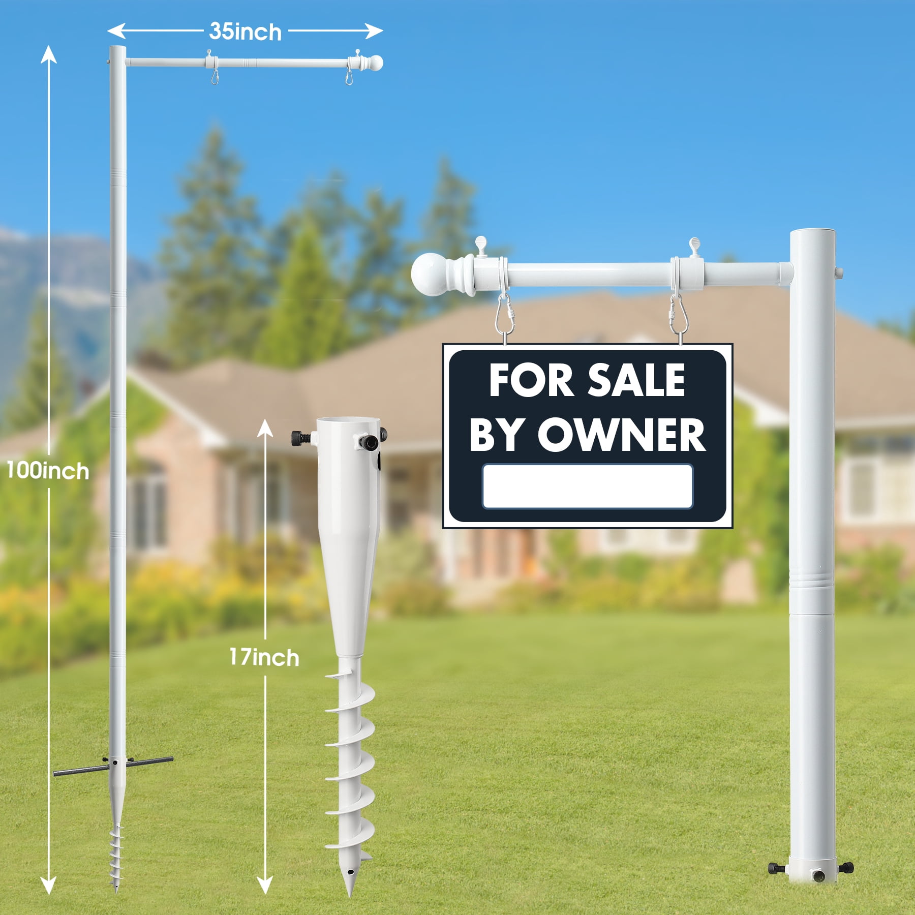 IHOMEPARK 100 inch Metal Adjustable Real Estate Sign Post for Sale Hanging Ads, Yard Sign Post, White (No sign included)