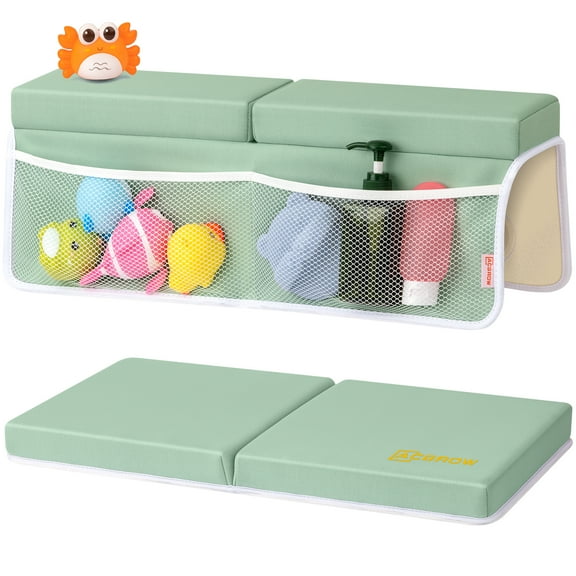 ACGROW Bath Kneeler and Elbow Rest Pad Set - 1.5" Thick Baby Bath Kneeler Pads with Toys Organizer, Anti-Slip Cozy Knee & Arm Support Bathtub Mat, Quick Dry Kneeling Pad for Baby Bath Time Green