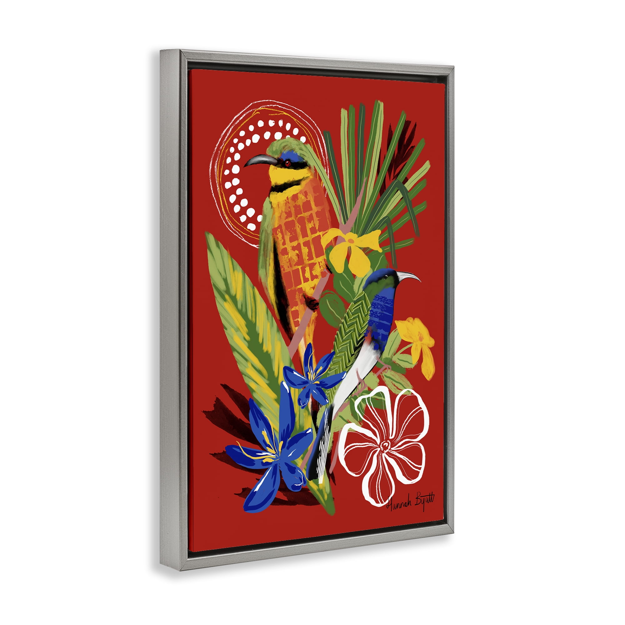 Stupell Industries Gambia Inspired Birds Animals Painting Gray Floater Framed Canvas Art Print Wall Art, 17 x 25