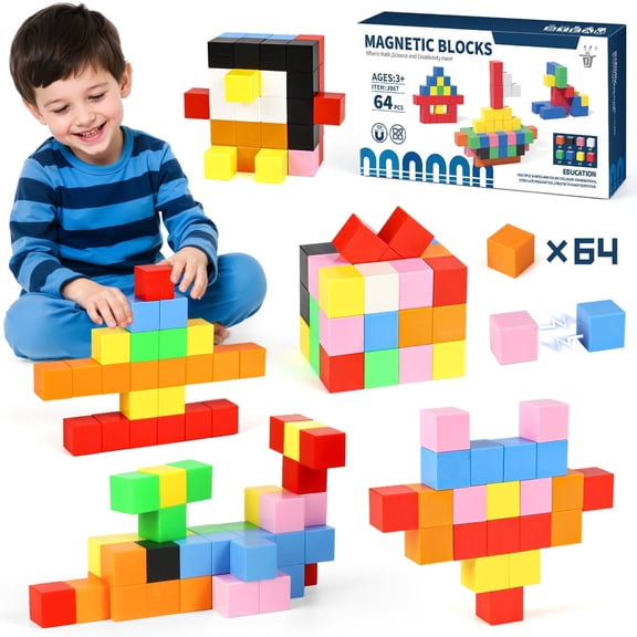 Huge Wave 64 PCS Magnetic Blocks for Kids, 0.9 inch Montessori Toys Magnetic Building Blocks, 3D Magnetic Cubes, Sensory Toys Birthday Gifts for Kids Ages 3-8