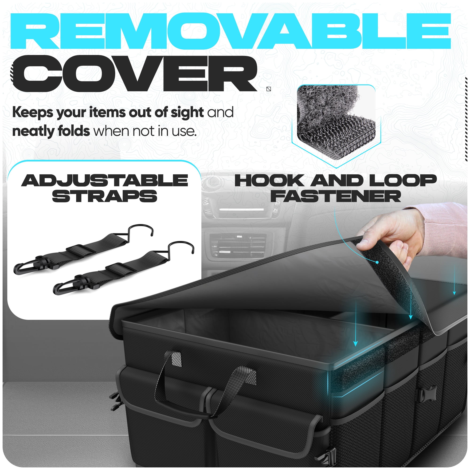 FORTEM Car Trunk Organizer, Collapsible Multi Compartment SUV Organizer, Foldable Storage for Car Accessories for Women Men, 600D Oxford, Non Slip Bottom, Securing Straps, Soft Cover (65L)