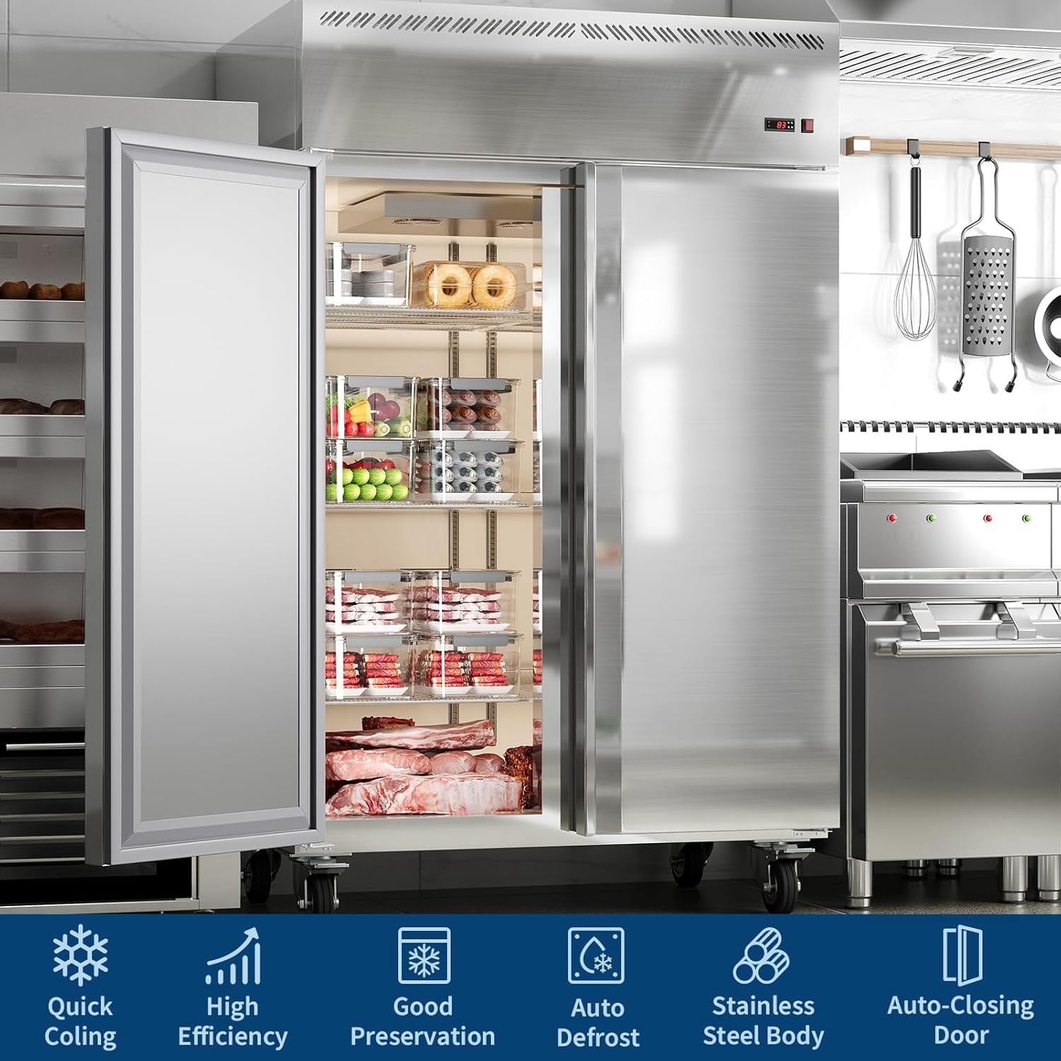 48-Inch Commercial Upright Freezer, 36 Cu. Ft. Stainless Steel Reach-In Deep Freezer with 2 Solid Doors, Digital Temp Control (-8°F to 0°F), Auto Defrost & 6 Shelves for Restaurant, Cafe & Kitchen