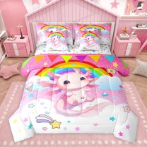 Manfei Cute Axolotl 7pcs Bedding Comforter Set,Colorful Triangle Stars Queen Bedding Sets,Pink Cartoon Ocean Salamander Queen Sheet Sets For Girls Kids,Super Cozy Room Decor Reversible