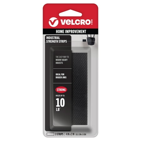 VELCRO Brand Industrial Strength Strips, Indoor & Outdoor Use, Superior Adhesive Holding Power on Smooth Surfaces, 4in x 2in Black Strips 3 Count