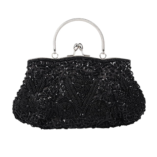 Bolso de mano con diseño floral de lentejuelas y cuentas, bolso de mano negro