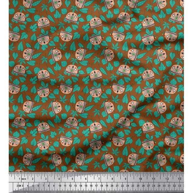 Soimoi Polyester Crepe Fabric Leaves & Owl Cartoon Fabric Prints by Yard 42 Inch Wide