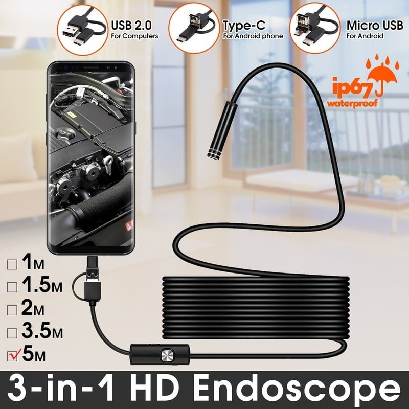 Bakeey 3 in 1 7mm 6Led Type C Micro USB Endoscope Inspection Camera Soft Cable 