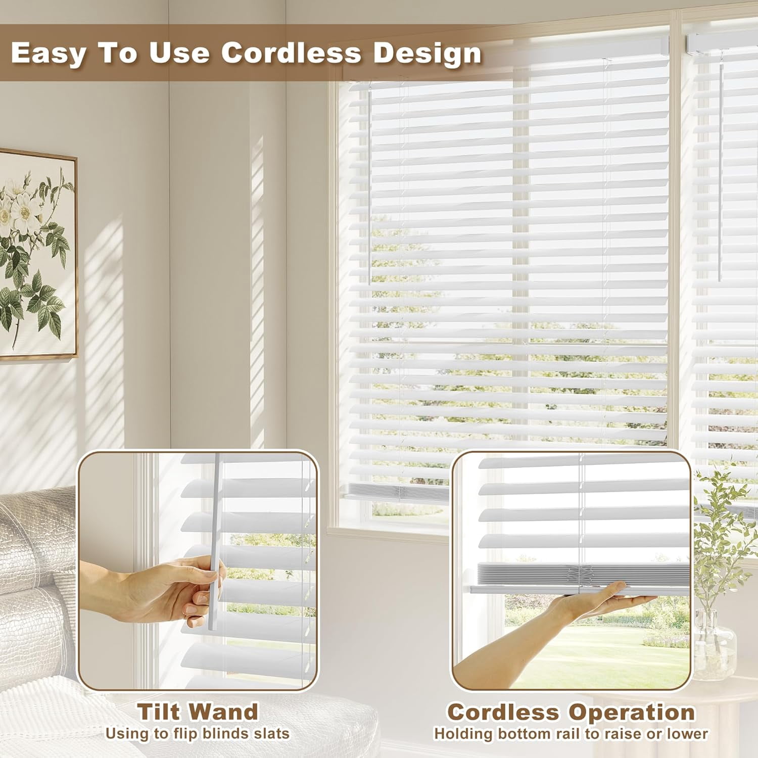 Window Blinds, 2'' Cordless Blind for Indoor Windows, 35" W X 64" H Mini Blinds, Light Filtering Blinds & Shades, Horizontal Window Blinds for Home Bedroom Living Room Bathroom Kitchen, White