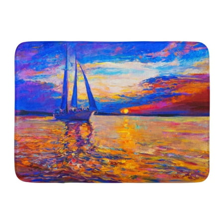 Colorful Sailboat Paintings LADDKE Colorful Color Oil Painting on Canvas Sunset Over The Sea and Sailboat Modern Orange Landscape Doormat Floor Rug Bath Mat 23.6x15.7 inch ()