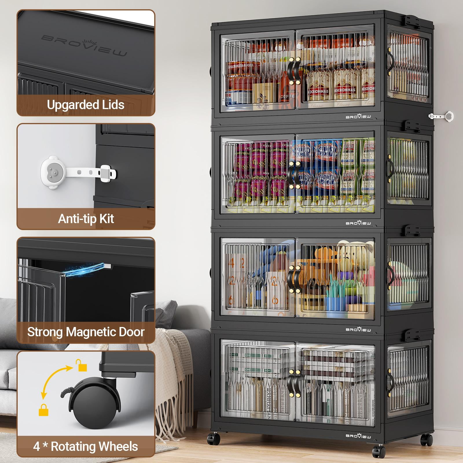BROVIEW 480QT Large Stackable Storage Bins with Lids and Wheels, Plastic Closet Organizer and Storage Drawer, Collapsible Storage Cabinet with Doors for Home Kitchen, 4Pack Black