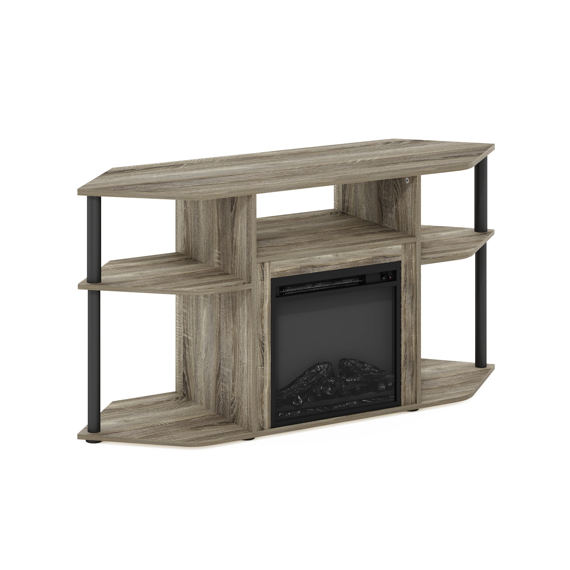 Furinno Jensen Open Storage Corner Fireplace TV Entertainment Center with Plastic Poles for TV up to 55 Inch, French Oak Grey/Black