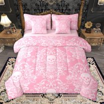 Homewish Gothic Skeleton 7pcs Bedding Comforter Set,Victorian Flower Queen Bedding Sets,Pink White Queen Sheet Sets For Girls Boys,,Lightweight Room Decorative Reversible