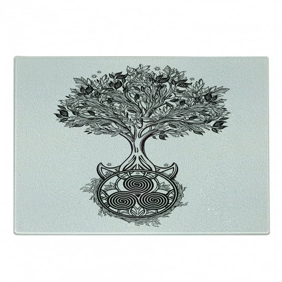 Celtic Cutting Board, Hand-Drawn Tree of Life and Triskelion at Roots for in Cult, Decorative Tempered Glass Cutting and Serving Board, in 3 Sizes, by Ambesonne
