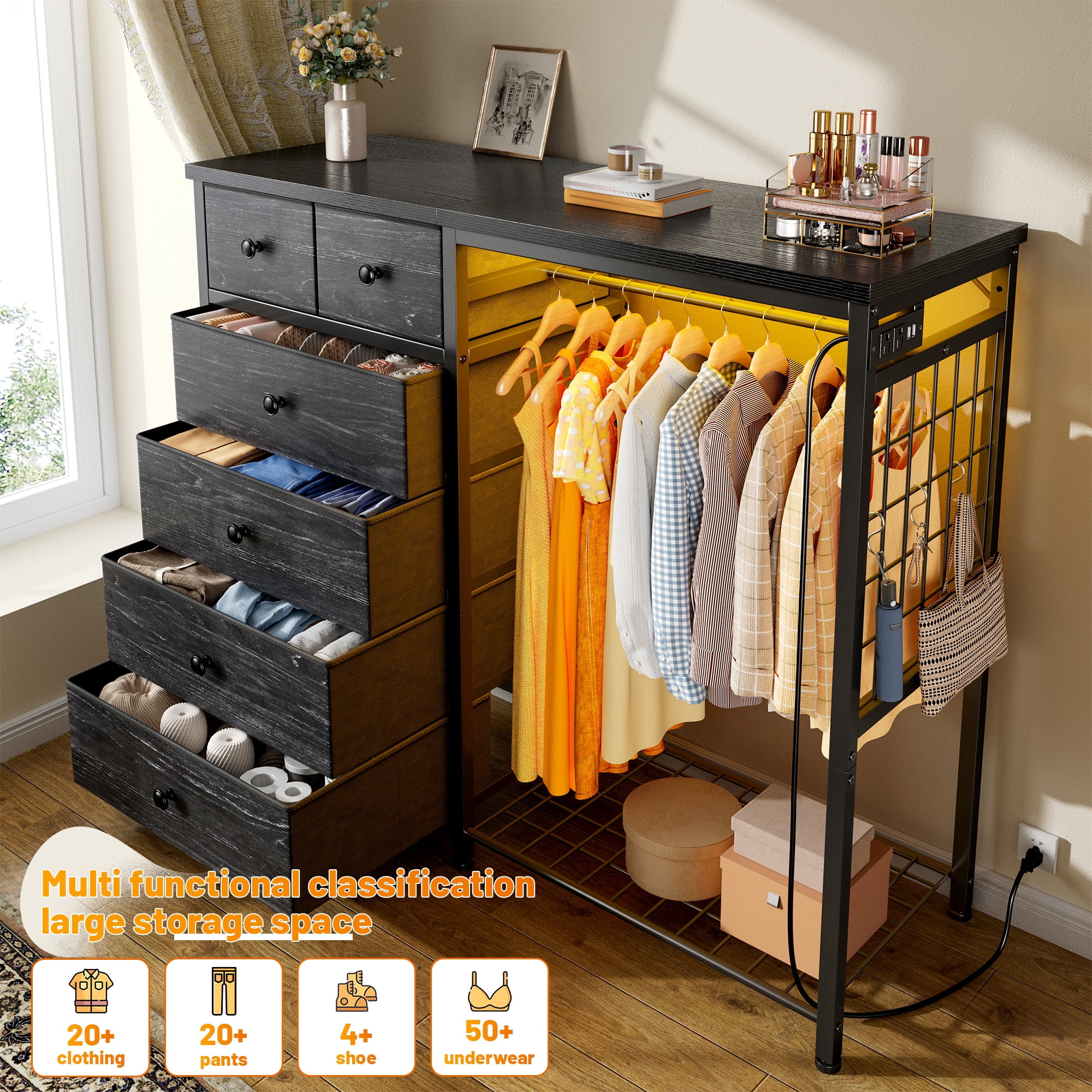 Snhomee Dresser with Clothes Rack 6 Drawer Dresser with Clothing Rack for Hanging Clothes Black Dresser with Fabric Drawers & Charging Station