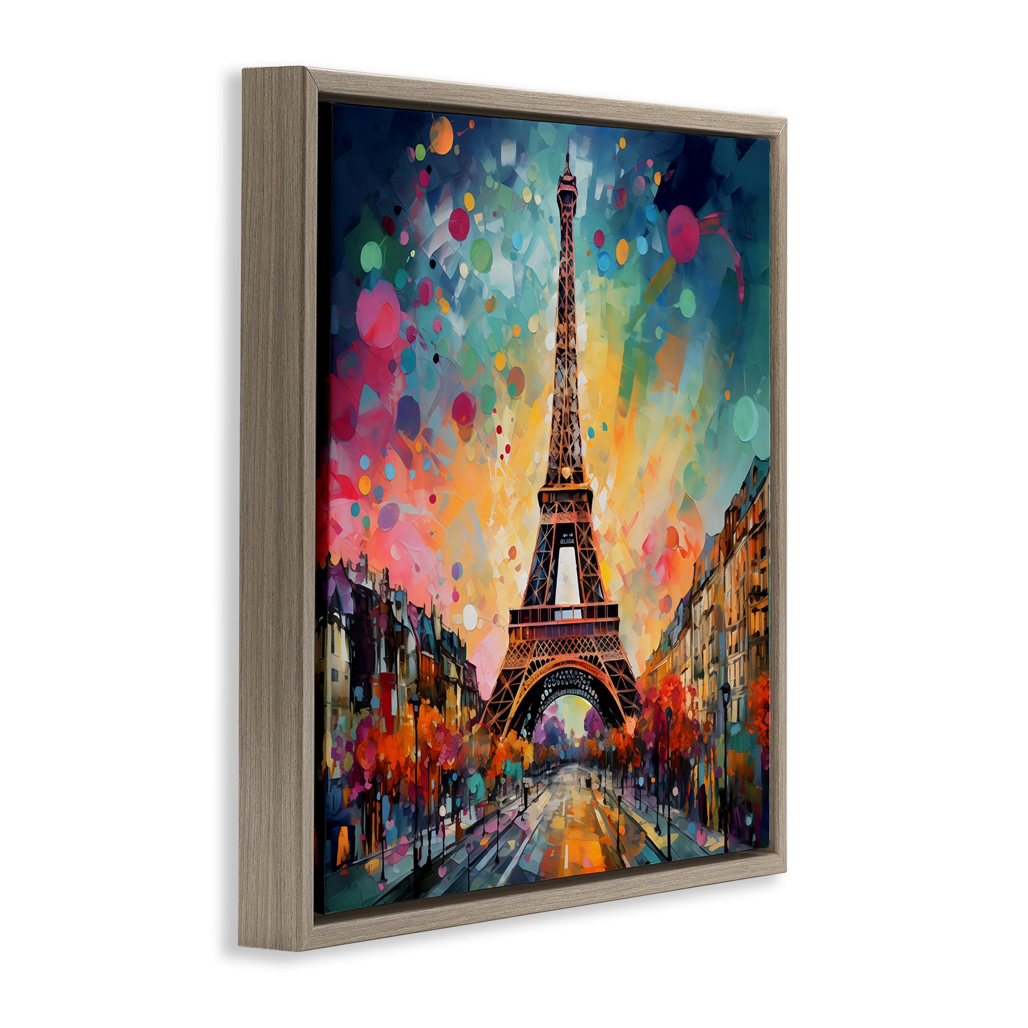 Stupell Industries Eiffel Tower with Vibrant Dots Brown Framed Floater Canvas Wall Art, design by Creative Studio