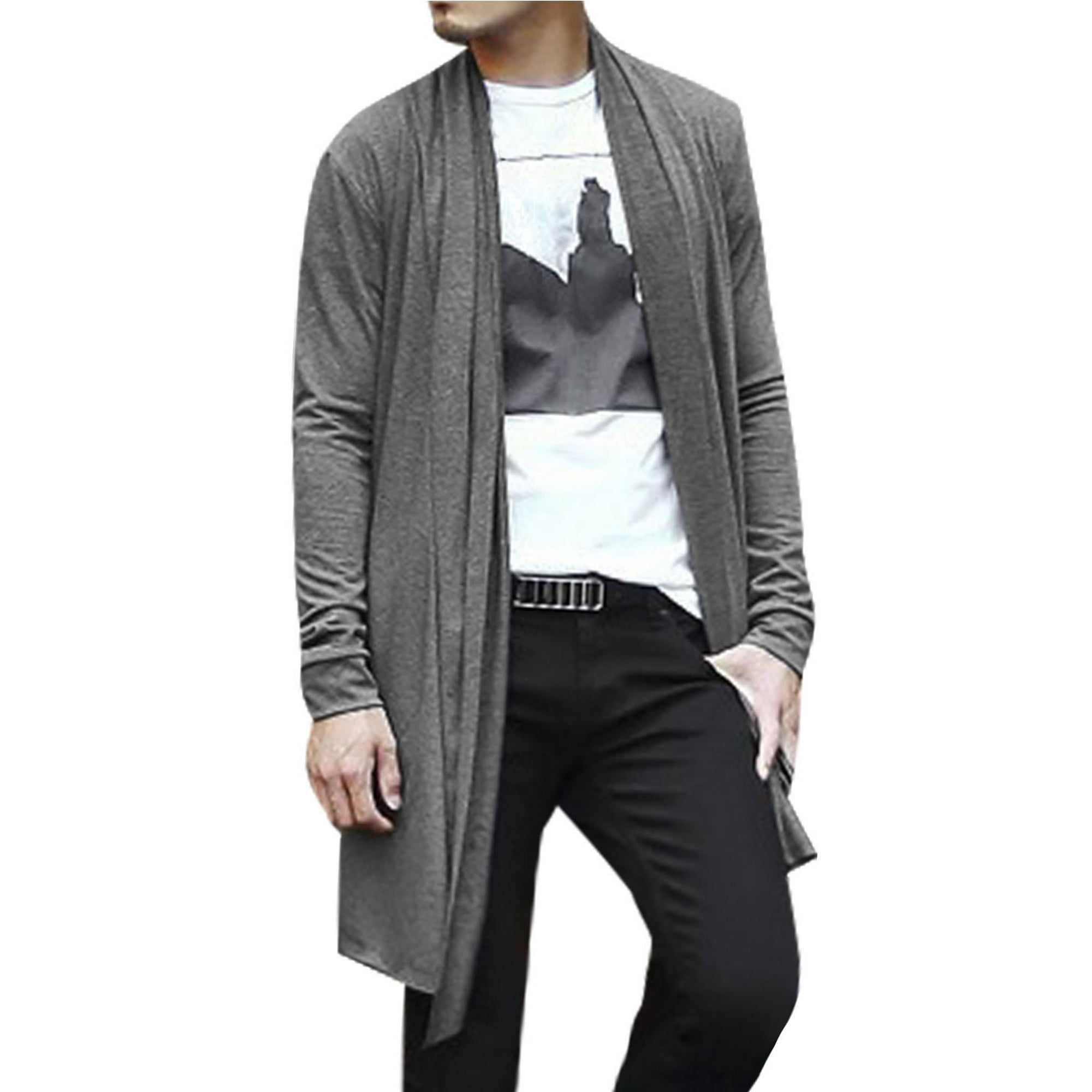 Men Shawl Collar Open Front High Low Hem Long Cardigan Gray Xl