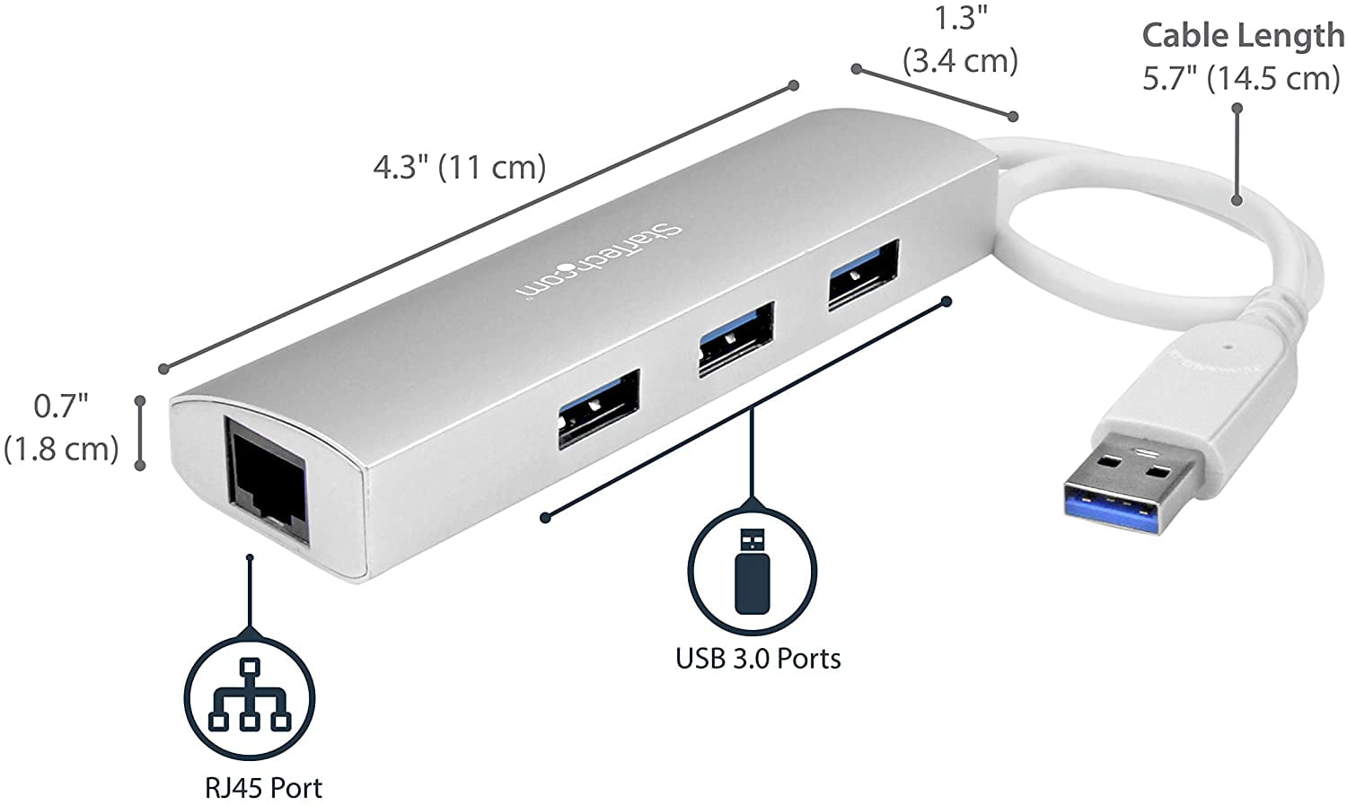 3-Port USB 3.0 Hub with Gigabit Ethernet - Up to 5Gbps - Portable 