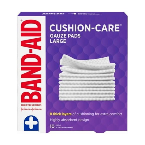 Band-Aid Marque Cushion-CareTM Tampons de Gaze Stériles pour la Protection contre les Coupures Mineures, Éraflures et Brûlures, Tampons de Soin des Plaies Non Adhésifs et Emballés Individuellement, Grande Taille, 4 Pouces x 4 Pouces, Lot de 10