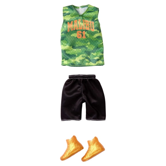 Barbie Style Complete Looks Ken Doll Fashions with Green Camo Tank, Black Shorts, and Gold Sneakers