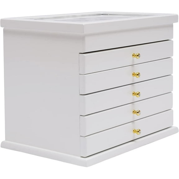 Jewelry Storage Box Organizer,6 Layer Wooden Jewelry Drawer Organizer Modern Style, Carved Lid Jewelry Box Large Space, Watches Necklace Large Case Cabinet with Drawers for Women Girls (White)