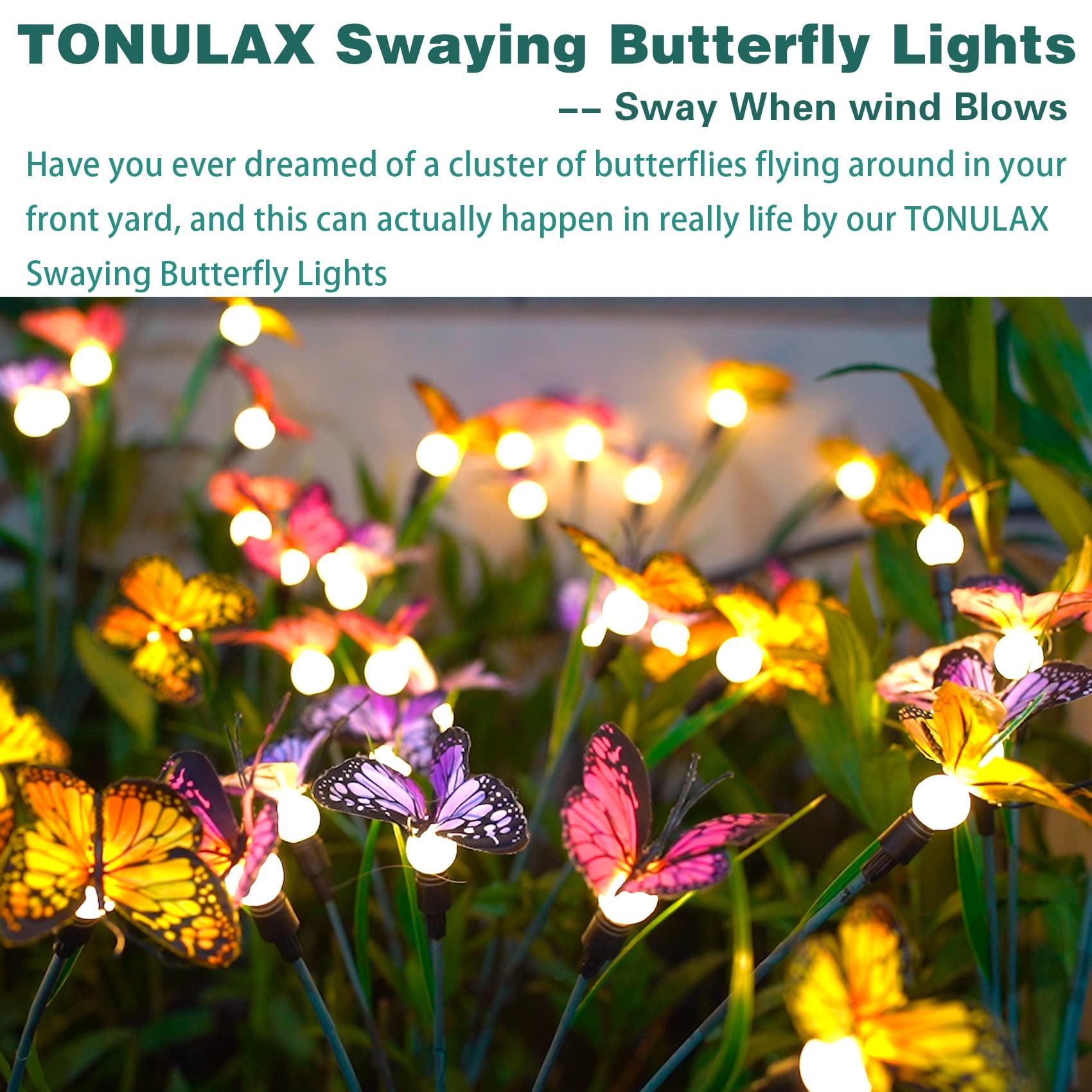 Binsuca Solar Garden Lights, Newest Swaying Butterfly Light, Swaying in The Wind, Solar Outdoor Lights, Yard Patio Pathway Decoration, High Flexibility Iron Wire & Realistic Butterflies(4 Pack)