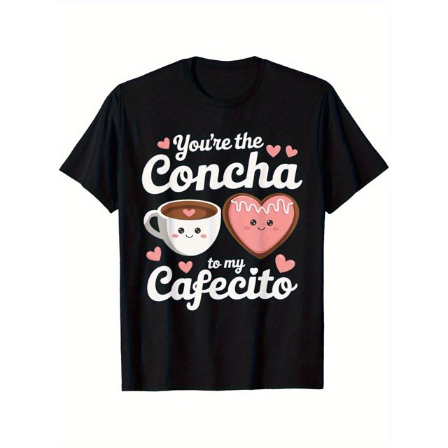 Funny Mexican Valentine's T-Shirt - 100% Cotton 180g Black Short Sleeve T-Shirt with Playful Coffee and Concha Design, Single Side Print, Sizes S-XXXL, Unisex Adult Casual Wear