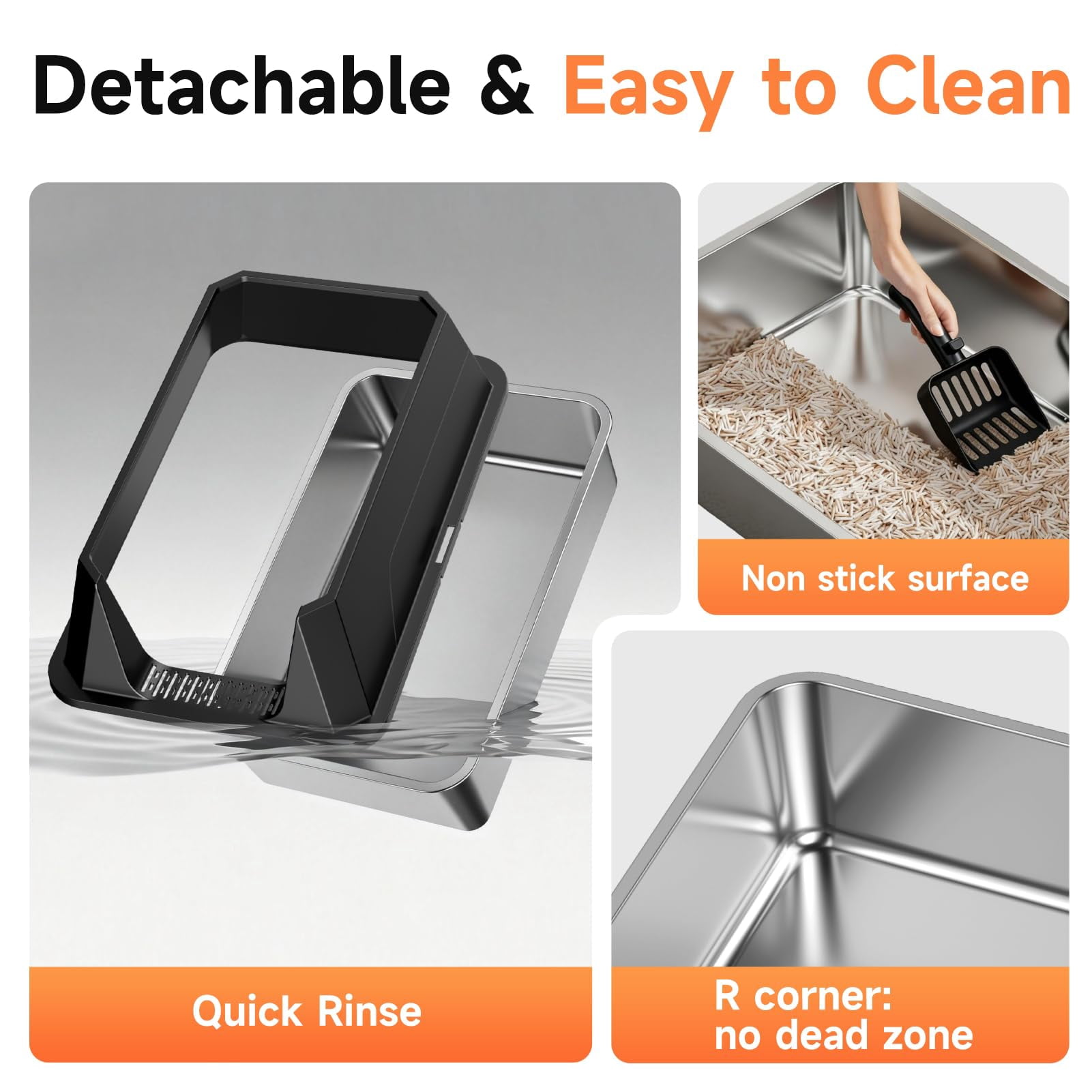 Stainless Steel Litter Box With High Sides Lid  Xl Sided Cat Pan Open Top Extra Large Metal Non-stick Leakproof Scoop Included Black