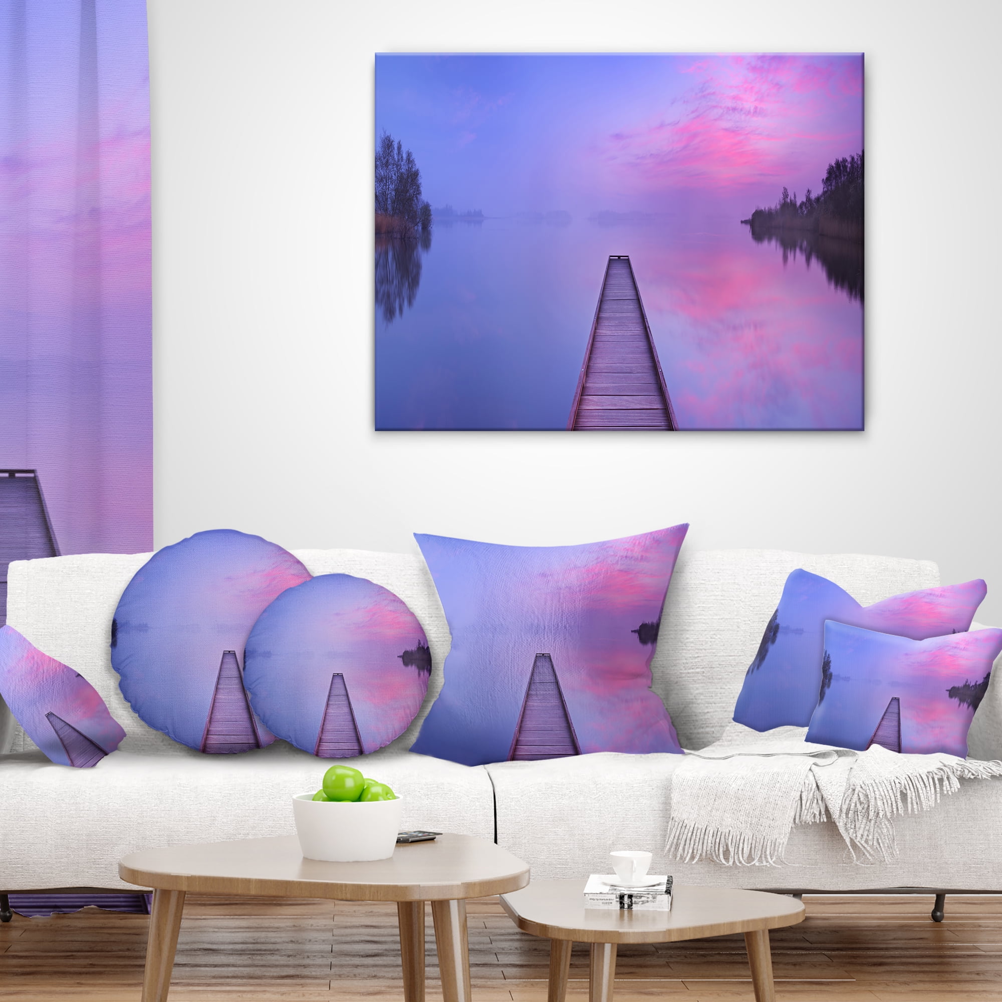 Designart Jetty in a Dawn Lake - Wooden Sea Bridge Throw Pillow - 18x18