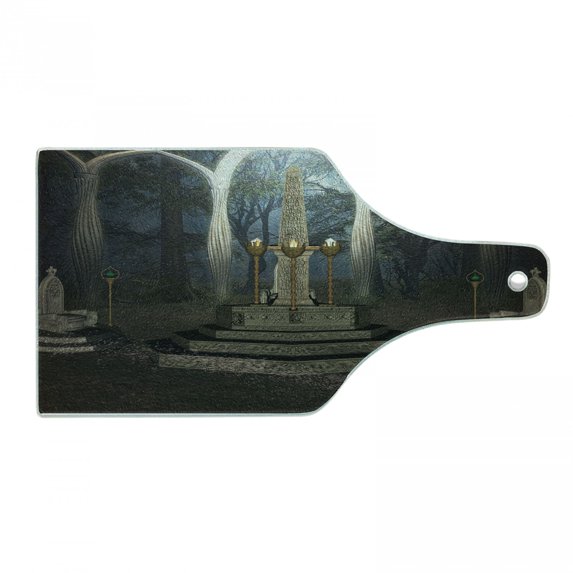 Gothic Cutting Board, Digital Scene of a Secret Forest, Decorative Tempered Glass Cutting and Serving Board, Wine Bottle Shape, Dark Taupe and Dusk, by Ambesonne